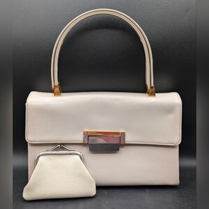 Vintage Cream Patent Leather Koret Top Handle Purse Bag With Coin purse, EUC